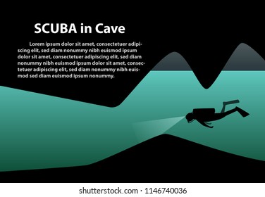 Scuba in cave background with space, vector art