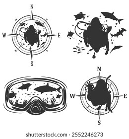 Scuba in Compass Silhouette Vector illustration. Diving Sea Scene Adventure Design Sport Clip Art.