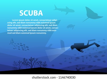Scuba in deep blue sea with ocean life, vector art