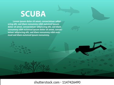 Scuba in deep green sea with ocean life, vector