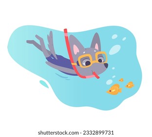 Scuba dive adventure of cute wolf diver vector illustration. Cartoon isolated sea or ocean underwater scene with baby animal in mask marine equipment diving in blue undersea water among fishes