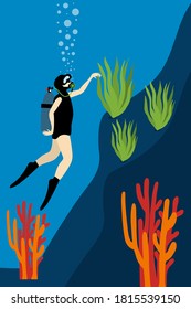 Buceo en estilo plano sobre fondo azul. diseño vectorial vertical. Hermoso para el diseño de estilo de vida. Natación en el mar. Burbujas de agua. Las mujeres bucean bajo el agua del mundo de los corales y las algas