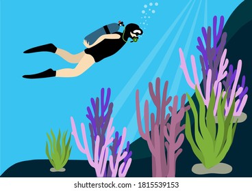 Scuba dive in flat style on blue background. Vector design.Diving girl's immersion underwater world among algae, corals, air bubbles,rays of the sun in blue water, active recreation,holidays, extreme