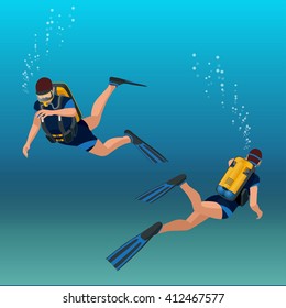 Scuba diver, activity vacation leisure, water sport. Flat 3d isometric vector illustration. For infographics and design 