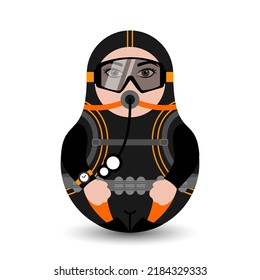 Scuba diver. An athlete in a mask, a breathing system and a black scuba diver suit. Designer tilting toy. Modern kawaii dolls for your business project. Flat vector.
