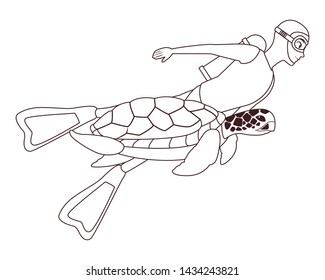 scuba diver avatar man diving with big turtle in black and white vector illustration graphic design