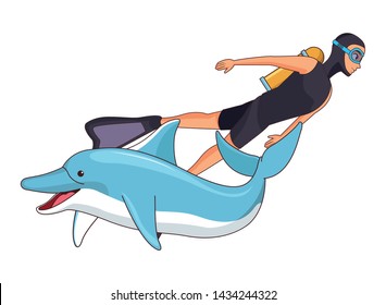 scuba diver avatar man diving with happy dolphin vector illustration graphic design