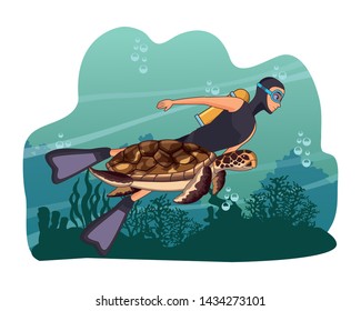 scuba diver avatar man diving with big turtle at the bottom of the sea with underwater vegatation vector illustration graphic design