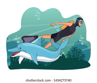 scuba diver avatar man diving with happy dolphin at the bottom of the sea with underwater vegatation vector illustration graphic design