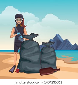 scuba diver avatar woman diving with garbage bags and bottle over the sand in the beach with the sea and big rocks vector illustration graphic design
