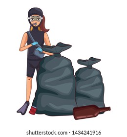 scuba diver avatar woman diving with garbage bags and bottle vector illustration graphic design