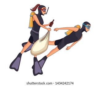 Scuba Diver Avatar Woman Diving Picking A Garbage From The Sea And Putting In A Bag And Man Diving Vector Illustration Graphic Design