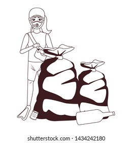 scuba diver avatar woman diving with garbage bags and bottle in black and white vector illustration graphic design