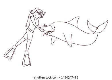 scuba diver avatar woman diving with happy dolphin in black and white vector illustration graphic design