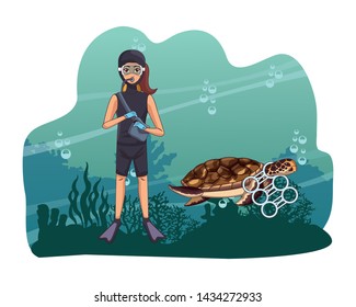 scuba diver avatar woman diving with big turtle stuck in sixpack plastic rings at the bottom of the sea with underwater vegatation vector illustration graphic design