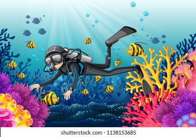 Scuba diver in a beautiful coral scene illustration