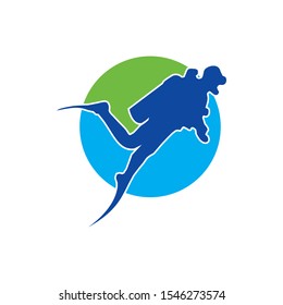 Scuba Diver with Blue and Green Background Logo Vector