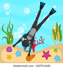 Scuba diver in the bottom of the sea - VEctor