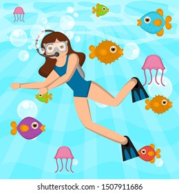 Scuba diver in the bottom of the sea - VEctor