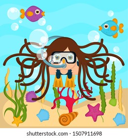 Scuba diver in the bottom of the sea - VEctor