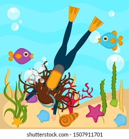 Scuba diver in the bottom of the sea - VEctor