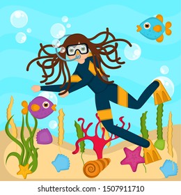 Scuba diver in the bottom of the sea - VEctor