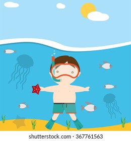 Scuba diver boy at sea. stock. vector