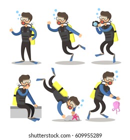 Scuba Diver Cartoon Set. Snorkeling Diving. Vector illustration