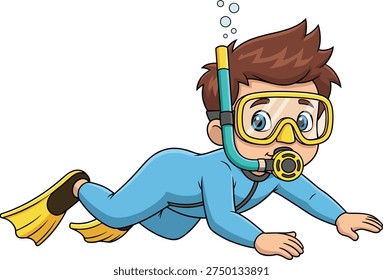 Scuba diver cartoon, underwater explorer, diving gear, snorkel mask, swim fins, ocean activity, aquatic sport, flat vector illustration