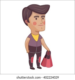 Scuba Diver, cartoon vector illustration, a young man wearing diving suit and holding flippers in his hand