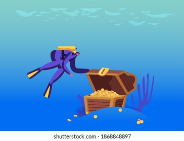 Scuba Diver Character Found Open Treasure Chest with Gold at Sea Bottom, Lost Pirate Treasures Hunting Hobby or Activity, Underwater Space Research, Adventure Recreation. Cartoon Vector Illustration