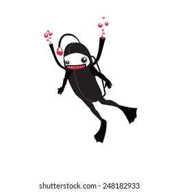 scuba diver character with pressure clocks and watches and sea weapon goes to the deep