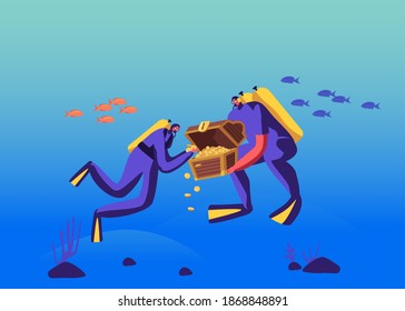 Scuba Diver Characters Found Sunken Treasure Chest with Gild. People Exploring Sea Depth with Fishes and Seaweeds. Underwater Exploration, Looking for Pirate Treasures. Cartoon Vector Illustration