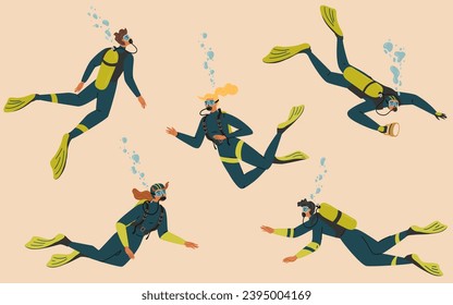 Scuba diver characters in wetsuit gear, aqualung and goggles isolated set