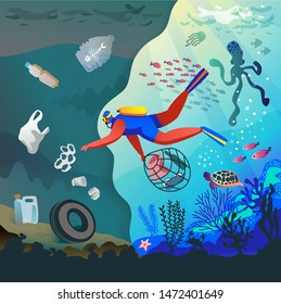 Scuba Diver Cleaning Plastic Trash from Ocean. Man Collecting Trash into Bag in Ocean. Pollution of Sea with Different Kinds of Garbage. Volunteer Clean Up Wastes. Ecology Protection.