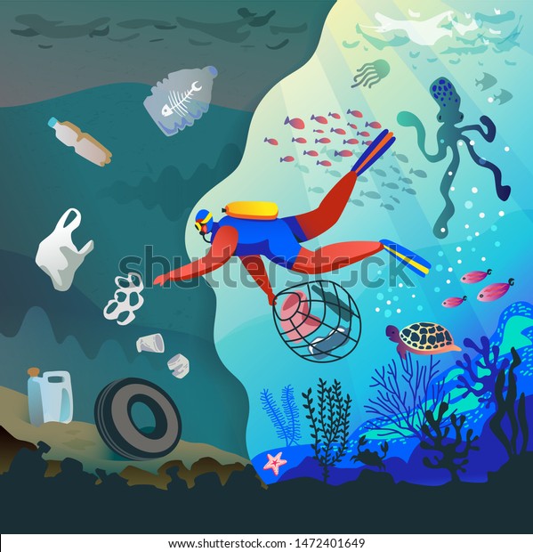 Scuba Diver Cleaning Plastic Trash from under the Ocean Eco Protection Wall Mural