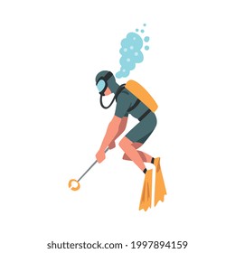 Scuba Diver Collecting Trash in Ocean, Ecology Protection Concept, Volunteer Cleaning Up Wastes Cartoon Vector Illustration