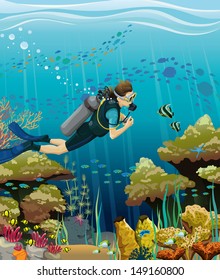 Scuba diver and colored coral reef on a blue sea background