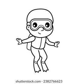 Scuba Diver. Coloring page, coloring book page. Black and white vector illustration.