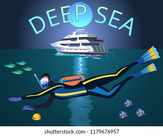 scuba diver and coral reef with fishes on a blue sea
