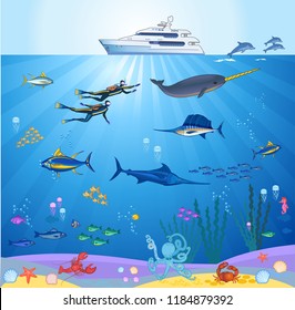 scuba diver and coral reef with fishes on a blue sea