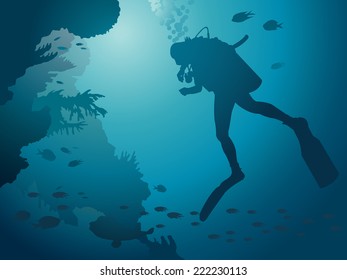 Scuba diver and coral reef. Underwater vector.