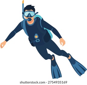 Un buceador con traje de buceo azul oscuro y aletas nada a través del agua, perfecto para la comercialización de materiales relacionados con actividades submarinas, viajes o aventura