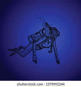 A scuba diver in deep sea. Hand drawn vector illustration. 