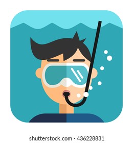 Scuba diver with a dive mask and snorkel under water. Coloured flat vector illustration isolated on white background