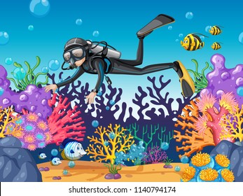 Scuba diver diving in beautiful reef illustration