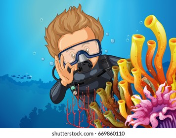 Scuba diver diving behind coral reef illustration