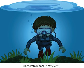 Scuba Diver Diving cartoon vector art and illustration