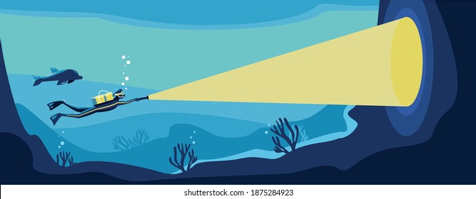 Scuba diver, scuba diving deep under water. Exploration of the seabed and ocean. Scuba diver with dolphin