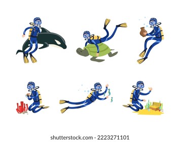 Scuba Diver Diving with Snorkeling Mask and Goggles Floating Underwater with Whale and Finding Treasure Chest Vector Set